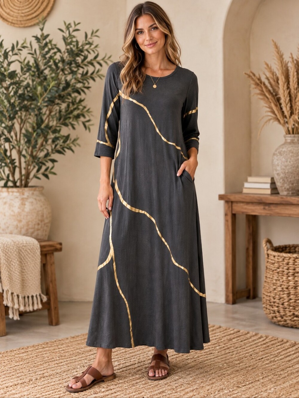 Mikah Charcoal Grey Gold Metallic Kintsugi Abstract Maxi Dress 3/4 Sleeve Size S